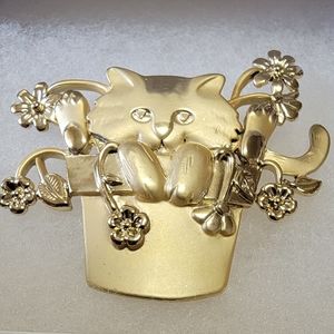 Golden Cat in a flower pot. Brooch